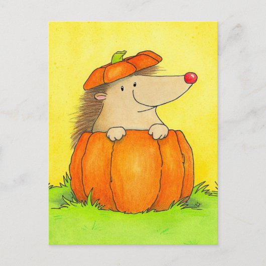 Carte Postale Hérisson Mignon dans une Citrouille d'Automne (Devant)