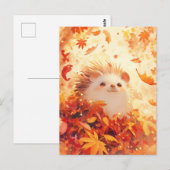 Carte Postale Hérisson regardant à travers une feuille d'érable  (Devant / Derrière)