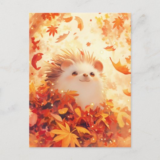 Carte Postale Hérisson regardant à travers une feuille d'érable  (Devant)