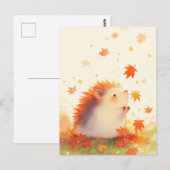 Carte Postale Hérisson regardant tomber une feuille d'érable en (Devant / Derrière)