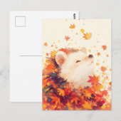Carte Postale Hérisson Sourire dans Feuille d'Érable d'Automne (Devant / Derrière)