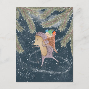 Carte Postale Hérisson sur skis. Panier avec cadeau sur l'épaule