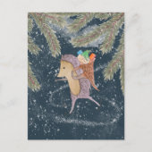 Carte Postale Hérisson sur skis. Panier avec cadeau sur l'épaule (Devant)