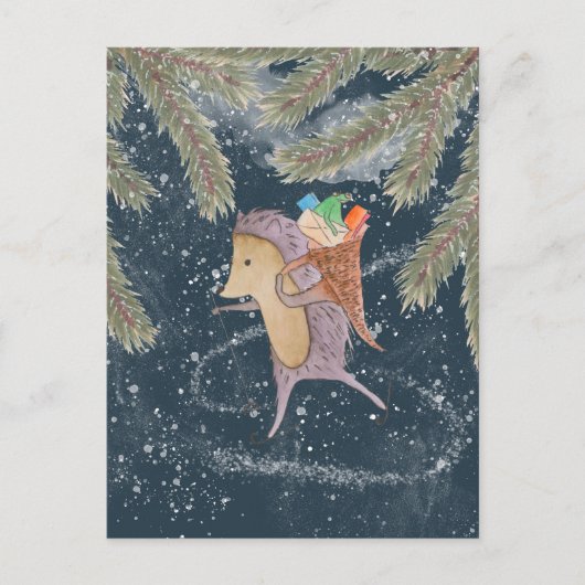 Carte Postale Hérisson sur skis. Panier avec cadeau sur l'épaule (Devant)