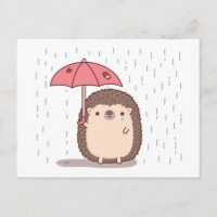 Hérisson triste tenant un parapluie sous la pluie