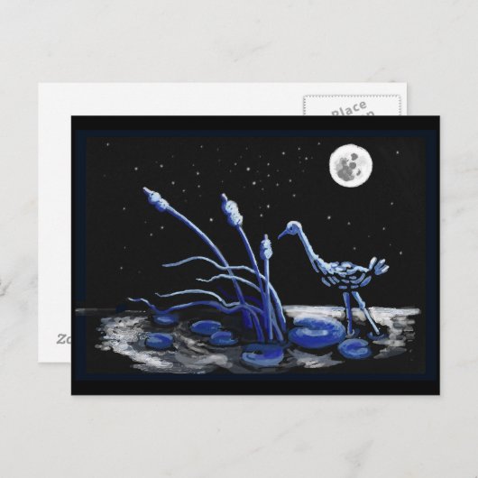 Carte Postale Heron dans une nuit illuminée par la lune (Devant / Derrière)