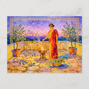 Carte Postale Hestia allumant un feu sacré sur une terrasse avec