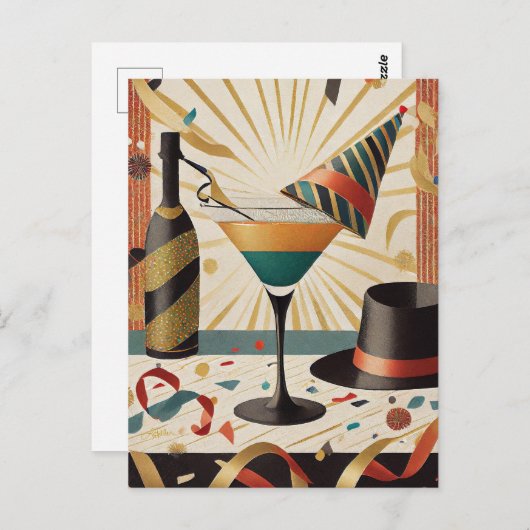 Carte Postale Heure Cocktail Mi-Siècle Nouvel An Design (Devant / Derrière)