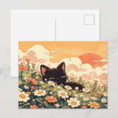 Carte Postale Heure dorée Daisy Kawaii Chat noir (Devant / Derrière)
