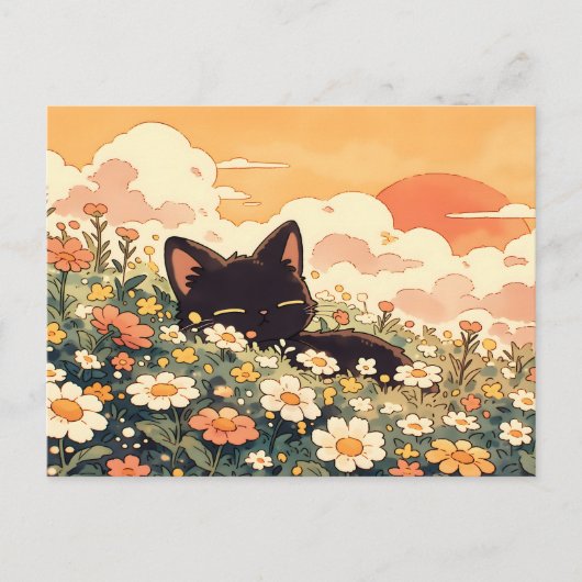 Carte Postale Heure dorée Daisy Kawaii Chat noir (Devant)