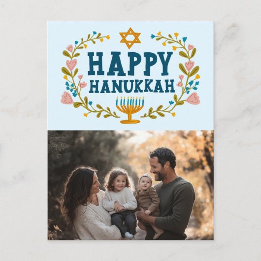 Carte Postale HEUREUX HANOUKKA Floral Wreath Menorah Photo perso (Devant)