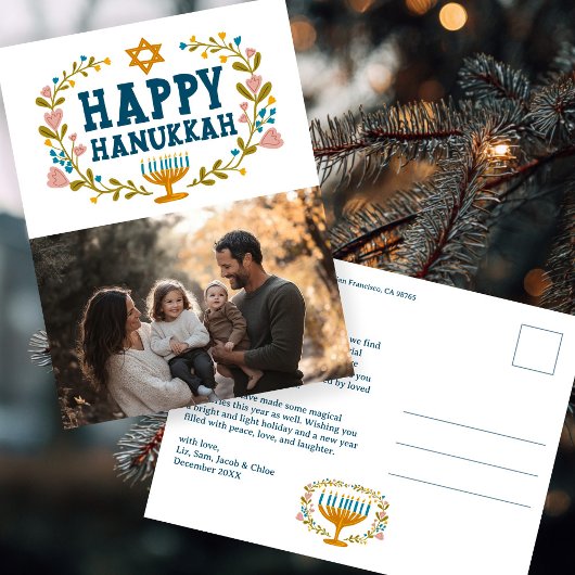 Carte Postale HEUREUX HANOUKKA Floral Wreath Menorah Photo perso