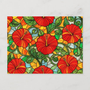 Carte Postale Hibiscus Faux Vitrail Rouge Or Orange