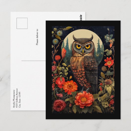 Carte Postale Hibou à la nuit avec Pleine lune (Devant / Derrière)