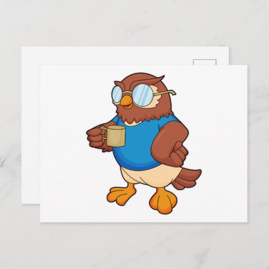 Carte Postale Hibou avec tasse à café (Devant / Derrière)