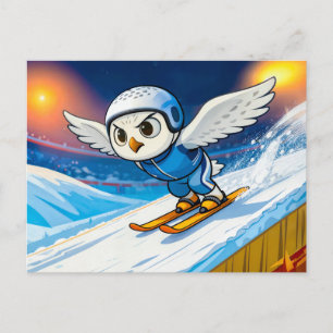 Carte Postale Hibou des neiges sautant à ski depuis une piste de