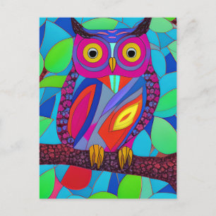 Carte Postale Hibou fantaisiste aux plumes colorées