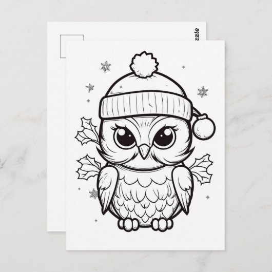 Carte Postale Hibou festif pour coloriage d'enfants (Devant / Derrière)