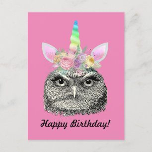 Carte Postale Hibou-Je-Corne Licorne Vintage Joyeux Anniversaire