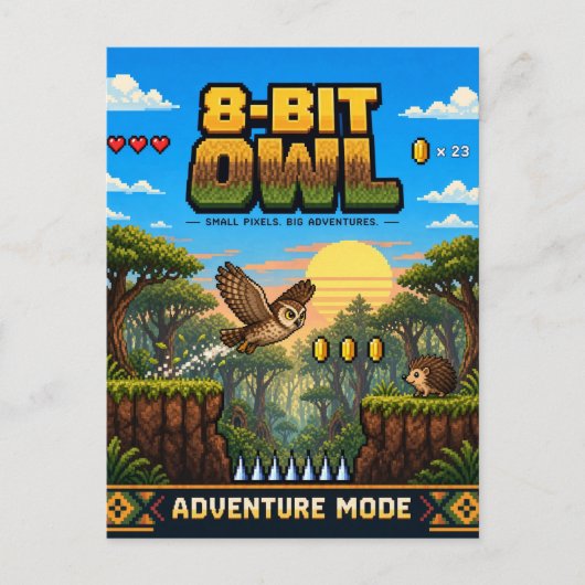 Carte Postale Hibou, Pixel Art Rétro 8 Bits (Devant)