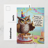 Carte Postale Hibou portant un chapeau d'anniversaire debout sur (Devant / Derrière)