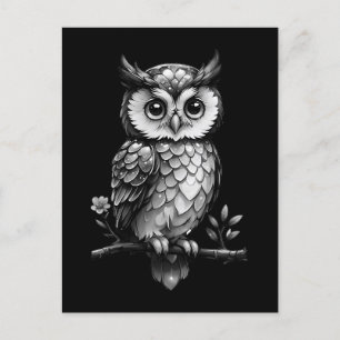 Carte Postale Hibou sur une branche florissante - noir et blanc