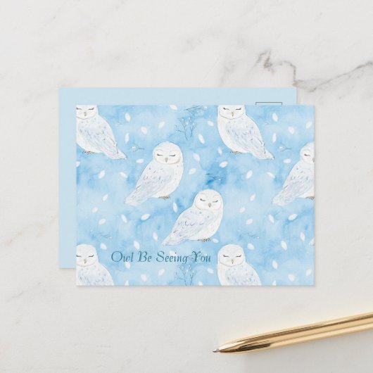 Carte Postale Hiboux Blancs Bleus (Devant/Arrière en situation)