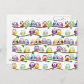 Carte Postale Hiboux colorés sur une branche (Devant / Derrière)