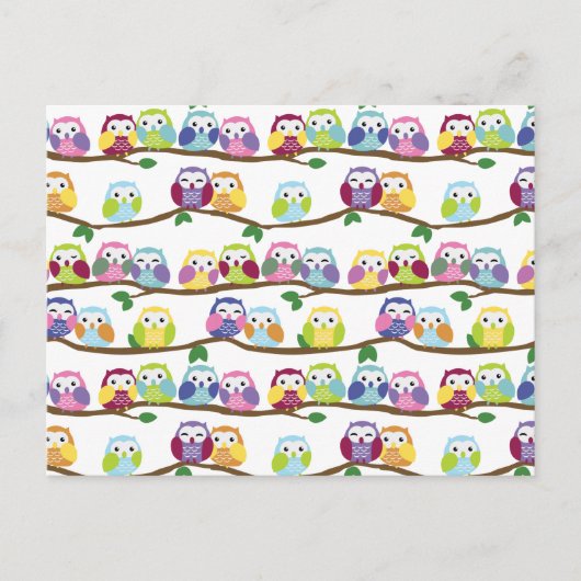 Carte Postale Hiboux colorés sur une branche (Devant)