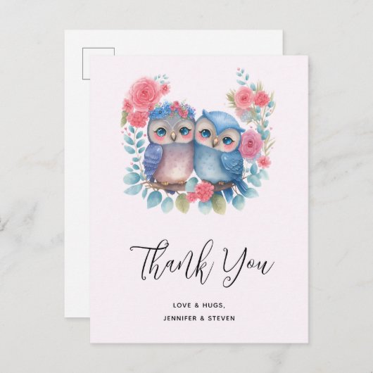 Carte Postale Hiboux en amour assis sur une branche d'arbre Merc (Devant / Derrière)