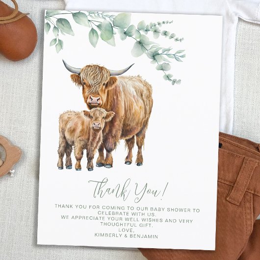 Carte Postale Highland Cow Boho Baby shower vert Merci