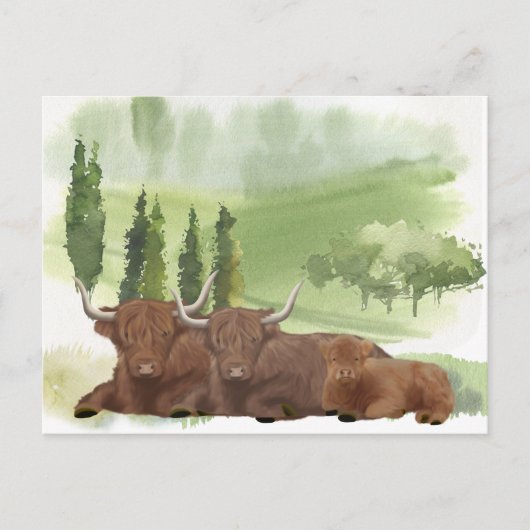 Carte Postale Highland Cow Family Aquarelle Écosse (Devant)