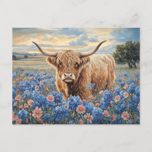 Carte Postale Highland Cow Pink et Blue Fleurs sauvages