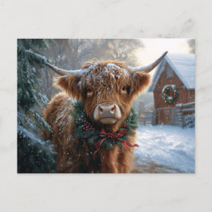 Carte Postale Highland Cow Rustic Barnyard Noël