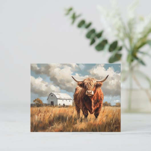 Carte Postale Highland Cow White Barne Rustique (Debout devant)