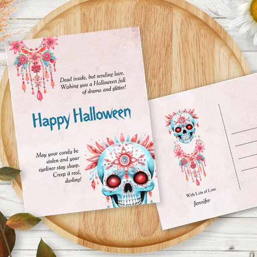 Carte Postale Hilaire Pink Blue Sugar Skull Drôle Halloween
