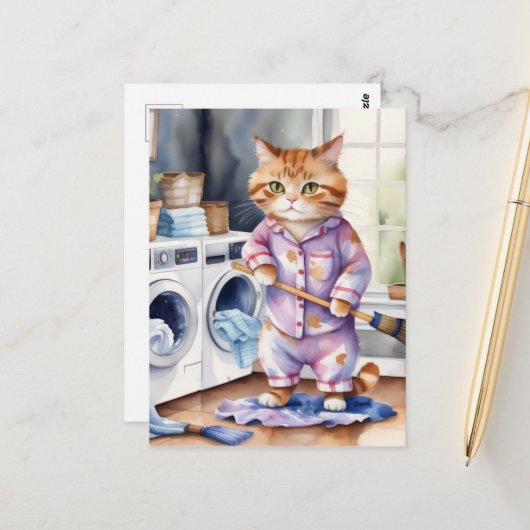 Carte Postale Hilarious mignon chat en pyjama faisant la blanchi (Devant/Arrière en situation)