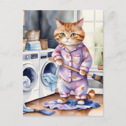 Carte Postale Hilarious mignon chat en pyjama faisant la blanchi (Devant)