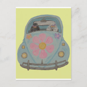 Carte Postale Hippie Caniches dans leur voiture d'amour Flower C