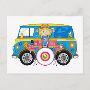 Carte Postale Hippie Girl avec batterie et Camper Van