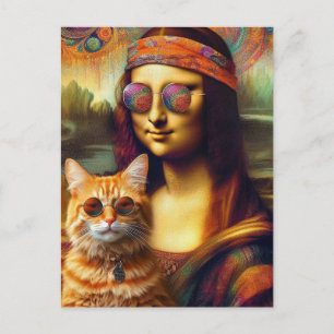 Carte Postale Hippie Mona Lisa et son chat Ginger