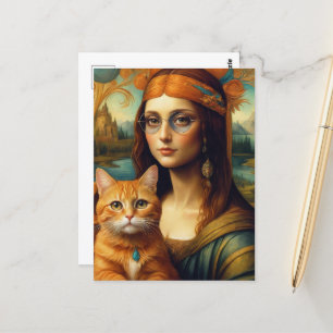 Carte Postale Hippie Mona Lisa et son chat Ginger