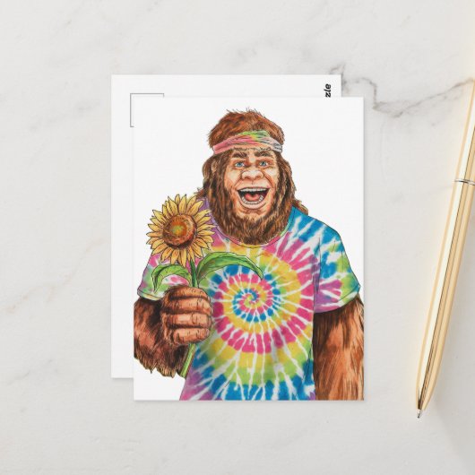 Carte Postale Hippie Sasquatch Avec Tournesol (Devant/Arrière en situation)