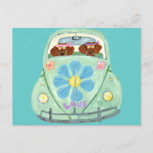Carte Postale Hippies Dachshunds Dans Leur Voiture Fleur D'amour