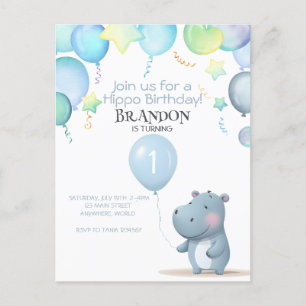 Carte Postale Hippo Anniversaire doux bleu simple invitation