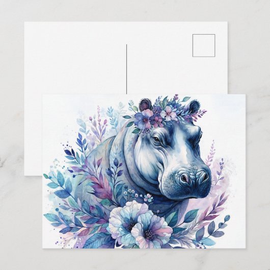 Carte Postale Hippo Aquarelle Art Floral (Devant / Derrière)