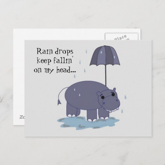 Carte Postale Hippo avec parapluie Rainy Day Saing (Devant / Derrière)
