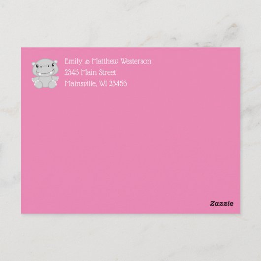 Carte Postale Hippo Baby shower rose (Dos)