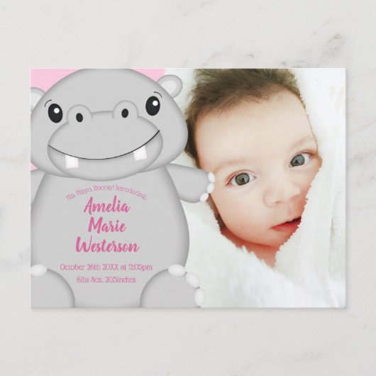 Carte Postale Hippo Baby shower rose (Devant)