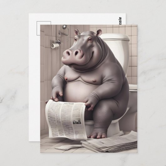 Carte Postale Hippo dans les toilettes Lecture des journaux (Devant / Derrière)
